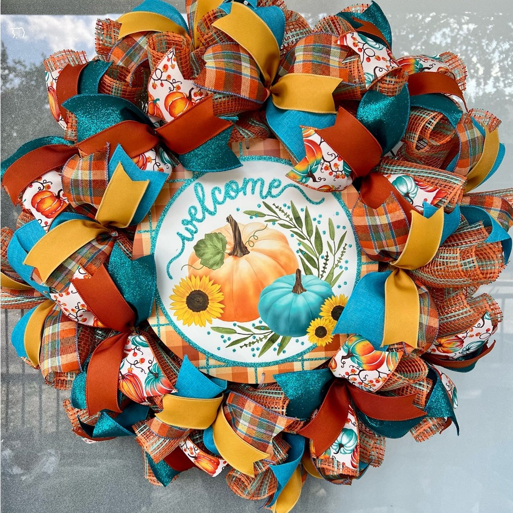 Autumn Harvest Wreath with Teal and Orange Ribbons